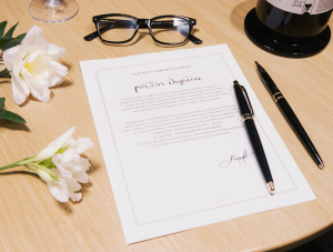 na mesa de madera limpia con un documento elegante y sobrio (como una póliza o un folleto informativo) sobre el que reposan unas gafas y quizás un bolígrafo. A un lado, de forma sutil, una flor blanca (lirio o cala) o una vela pequeña, añadiendo un toque de respeto. El ambiente es ordenado y sereno, sugiriendo que "todo está en orden".