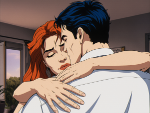 adultos, quizás una madre y su hijo adulto) en un abrazo suave y consolador, con expresiones de serenidad y apoyo mutuo. No hay lágrimas visibles, sino una sensación de paz y conexión. En el fondo, un entorno neutro y cálido (como el interior de una casa bien iluminada)