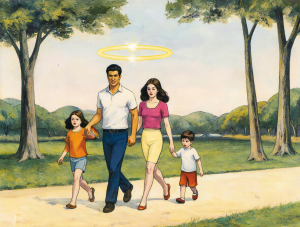 La Familia Protegida (Símbolo de Seguridad y Bienestar)

Descripción de la imagen: Una familia joven (padres y uno o dos hijos pequeños) caminando tranquilamente por un parque soleado, de la mano, con expresiones de felicidad y seguridad. Sobre ellos, de forma sutil y etérea, se dibuja un escudo protector o un halo de luz que simboliza el seguro de vida. La imagen debe ser cálida y luminosa, con tonos suaves.