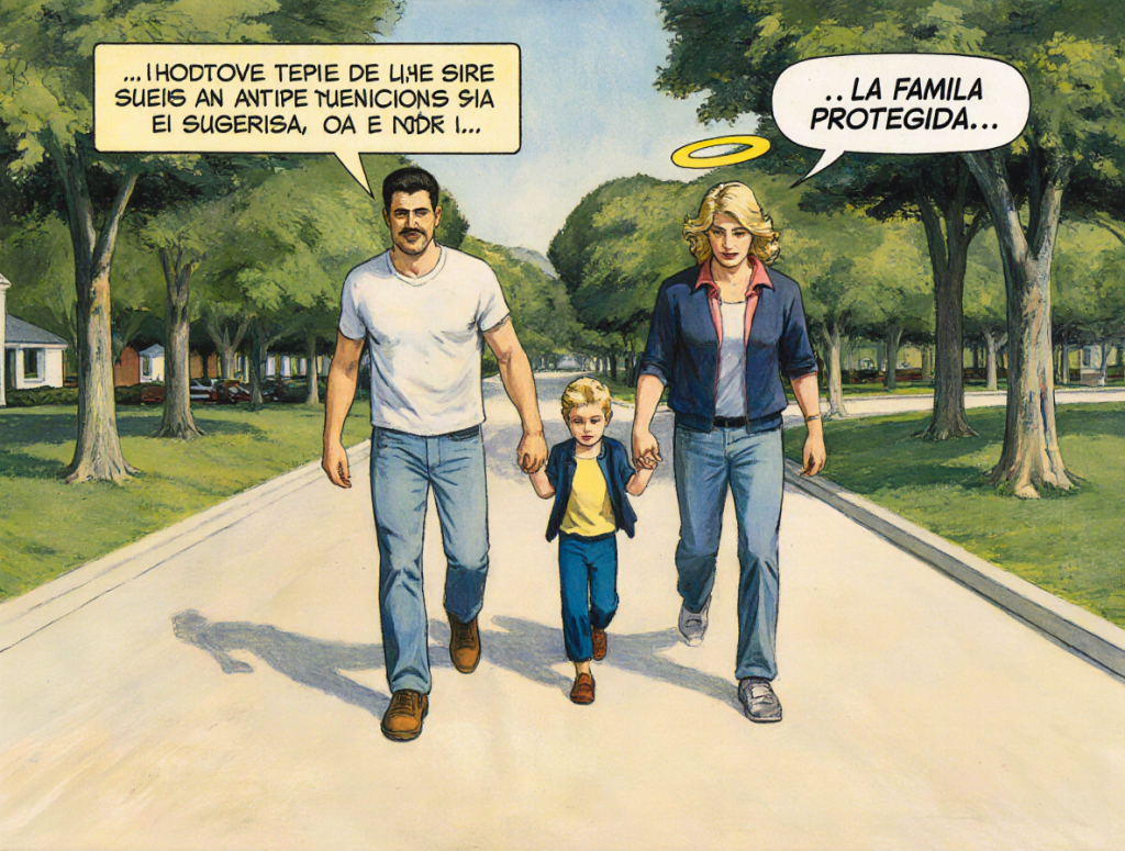La Familia Protegida (Símbolo de Seguridad y Bienestar) Descripción de la imagen: Una familia joven (padres y uno o dos hijos pequeños) caminando tranquilamente por un parque soleado, de la mano, con expresiones de felicidad y seguridad. Sobre ellos, de forma sutil y etérea, se dibuja un escudo protector o un halo de luz que simboliza el seguro de vida.
