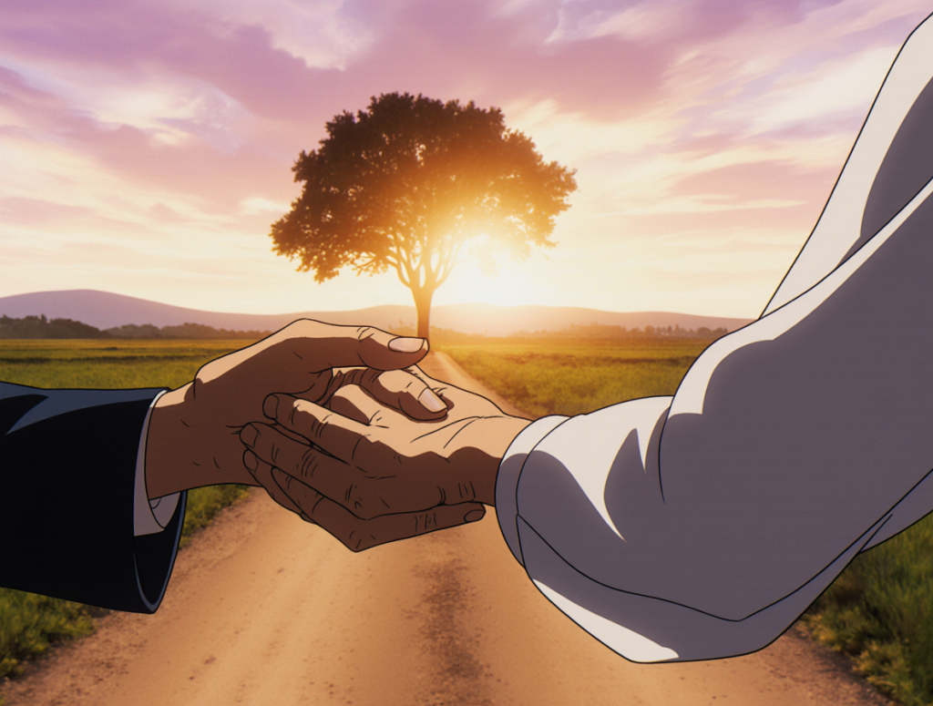 Un primer plano de una mano adulta que sostiene suavemente la mano de otra persona (quizás un familiar mayor o simplemente otra mano que denota apoyo). De fondo, sutilmente desenfocado, se vislumbra un paisaje sereno (un atardecer, un camino tranquilo) o un icono de paz (una paloma minimalista, un árbol). La luz es suave, cálida y transmite calma